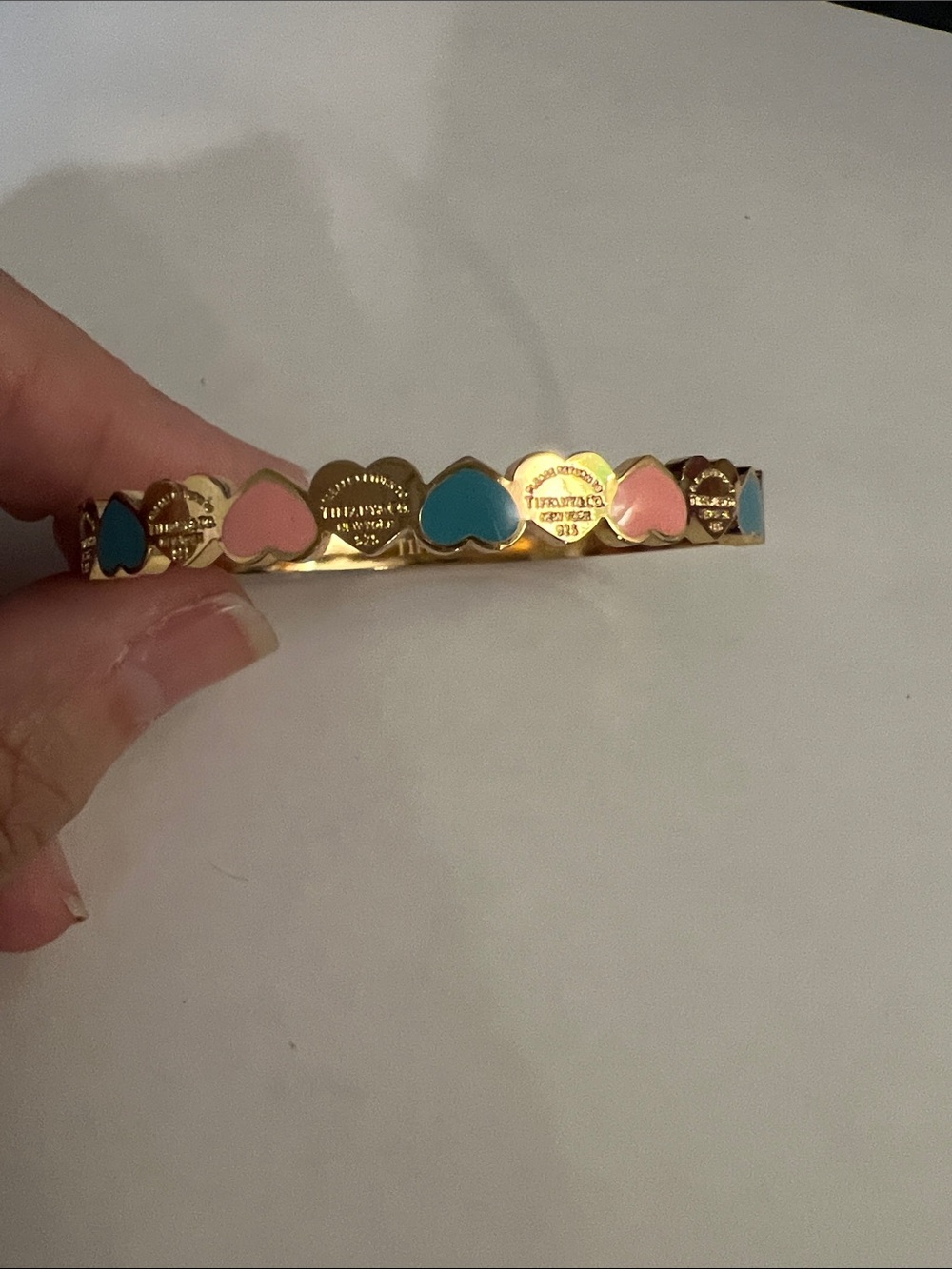 Gold Heart Enamel Bangle Bracelet with Pink & Blue Hearts